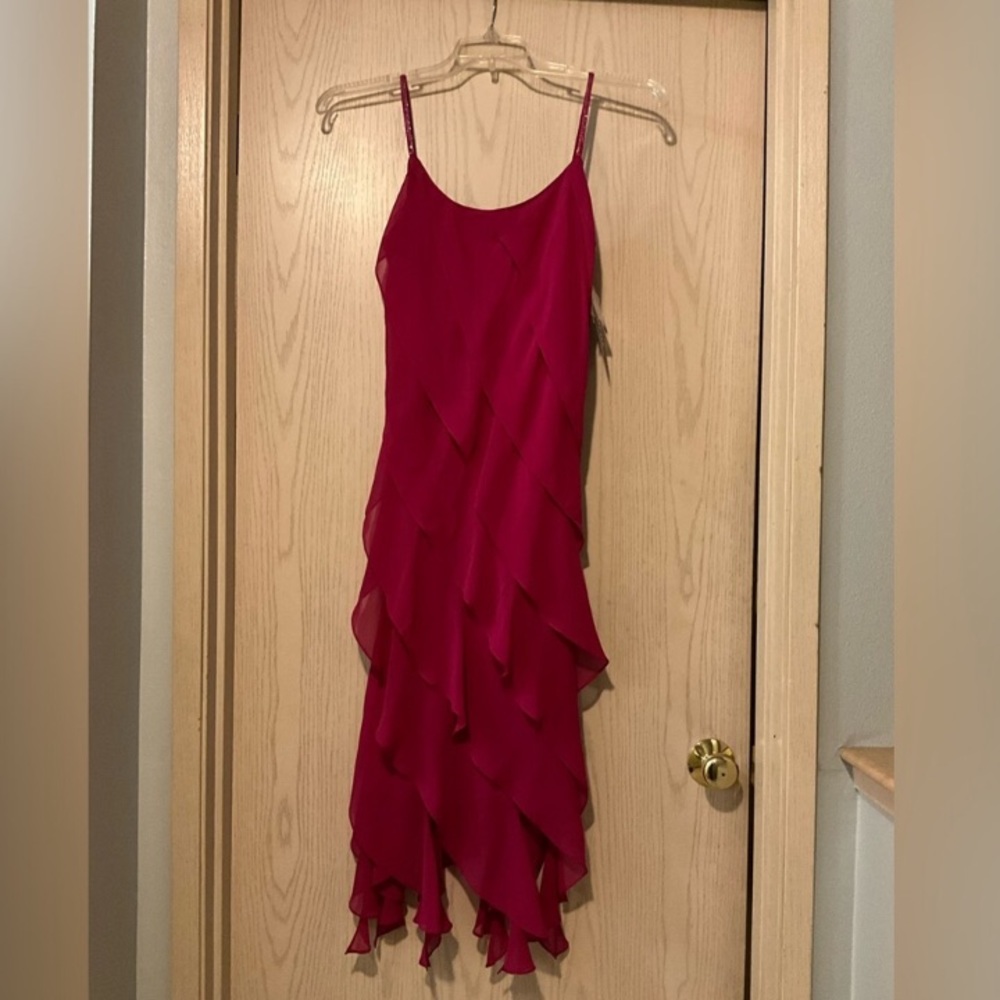 NWT Vintage Hot Pink Ruffled Tiered Cocktail Dress with Rhinestone Straps size 6